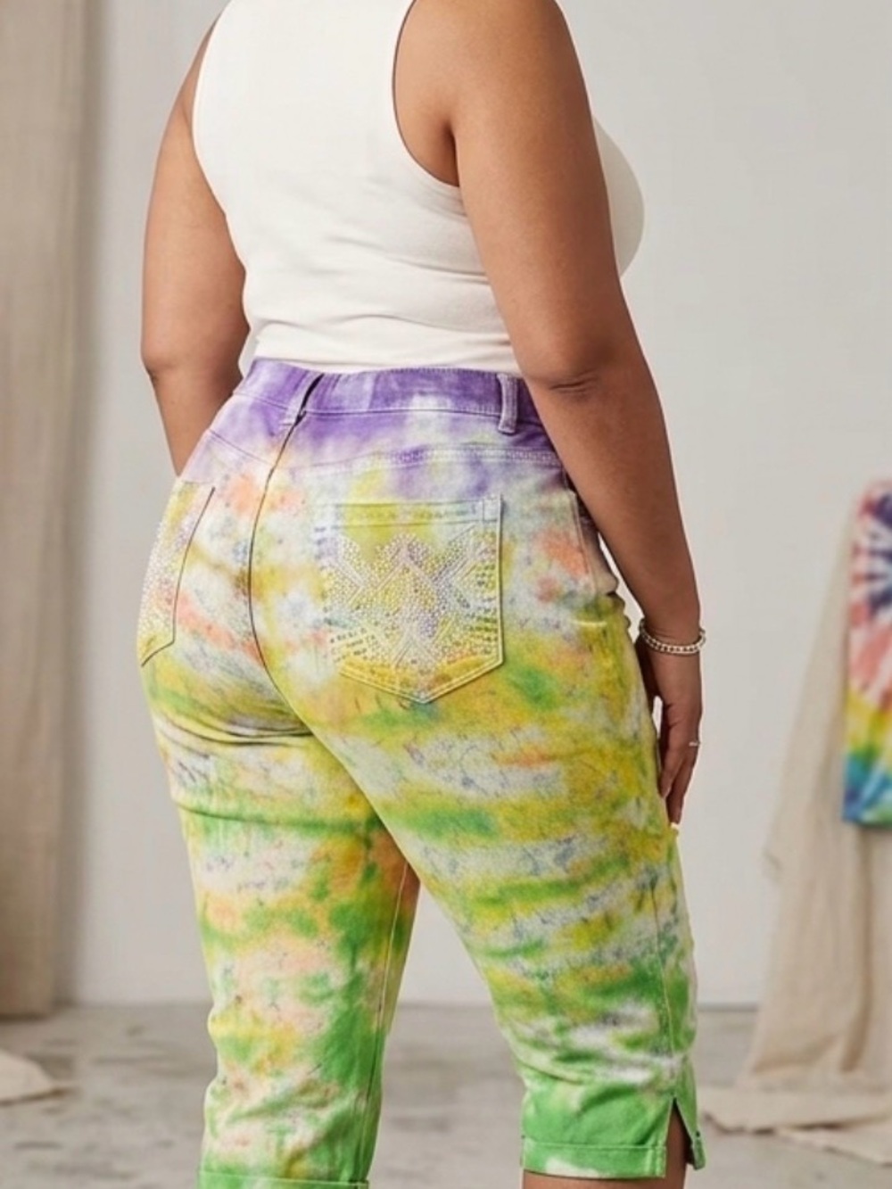 Colorful Tie-Dye Capri Jeans - Green Yellow Purple